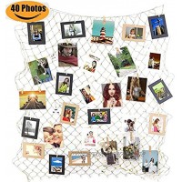 Goldbeing Foto hängende Anzeige Fischernetz Bilderrahmen Collage Fotorahmen Holzbilderrahmen mit Mini Wäscheklammern zum Aufhängen von Fotos Bildern Postkarten und Kunst Style b
