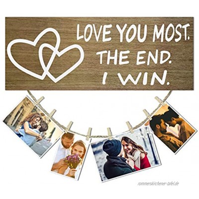 Jetec Holz-Bilderrahmen zum Aufhängen mit Aufschrift "Love You Most The End I Win" Wandaufhänger Dekoschild mit Holz-Foto-Clip und Seil für Valentinstag Frauen und Männer 34 x 14 cm