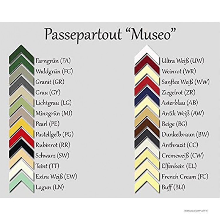 RahmenMax Passepartout MUSEO bis Außenmaß 50,0 x 70,0 cm. Individueller Zuschnitt nach Ihren Angaben 26 Farben. Aktuelle Auswahl: Cremeweiß