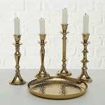 CasaJame Kerzenleuchter Kerzenständer 5 teilig Tischleuchter Teller Schale mit 4 verschiedenen Kerzenhaltern H23cm Aluminium Gold
