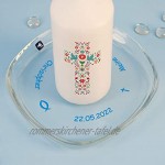 Striefchen® Kerzenteller aus Glas für Stumpenkerzen mit Namen des Kindes zur Taufe Blau