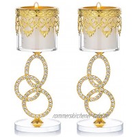Sziqiqi 2 Stück Kerzenhalter aus Kristall- und Eisengold mit 3-Ring- und Strass-Nietenstiel Passende Votivkerze und Teelicht 17,5 cm Hoch
