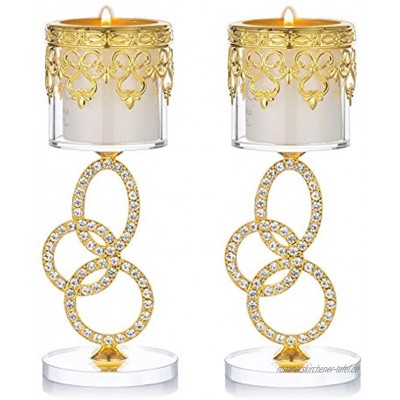 Sziqiqi 2 Stück Kerzenhalter aus Kristall- und Eisengold mit 3-Ring- und Strass-Nietenstiel Passende Votivkerze und Teelicht 17,5 cm Hoch