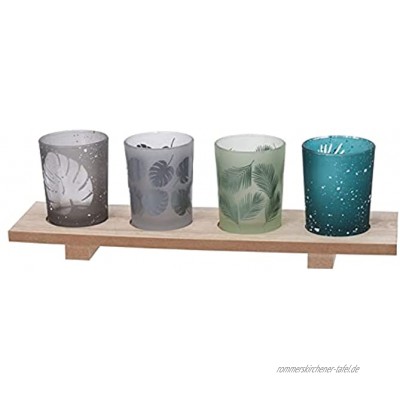 5-teiliges Teelichthalter-Set mit Holz-Tablett Kerzengläser im Blätterdesign Tischdekoration Windlicht innen