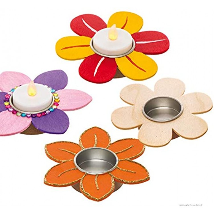 Baker Ross Holz-Teelichthalter „Blume“ 4 Stück – Frühlings-Bastelidee für Kinder zum Verzieren und als Dekoidee