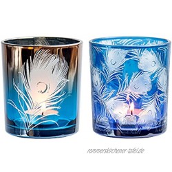 HOMMAX Teelichthalter 2er Set Pfauenfeder Kerzenhalter D9 x H10 cm aus Glas Kreativ Windlicht für Weihnachts Hochzeit Essentisch Wohnzimmer Tischdekoration Geschenk Blau