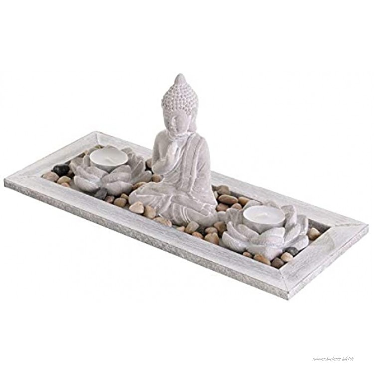 levandeo Deko Tablett Buddha Beton Lotusblüte Teelichthalter Kerzenhalter Tischdeko Holztablett Lotus Teelicht