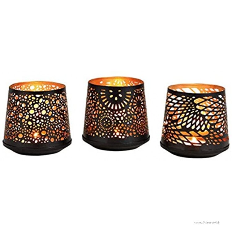 meindekoartikel 3er-Set Windlichter aus Metall 3-Fach Sortiert mit tollen Ornamenten Teelichthalter Kerzenhalter konisch schwarz Gold Ø 10 x Höhe 11 cm