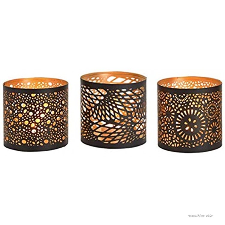 meindekoartikel 3er-Set Windlichter aus Metall 3-Fach Sortiert mit tollen Ornamenten Teelichthalter Kerzenhalter schwarz-Gold Ø 10 x Höhe 11 cm