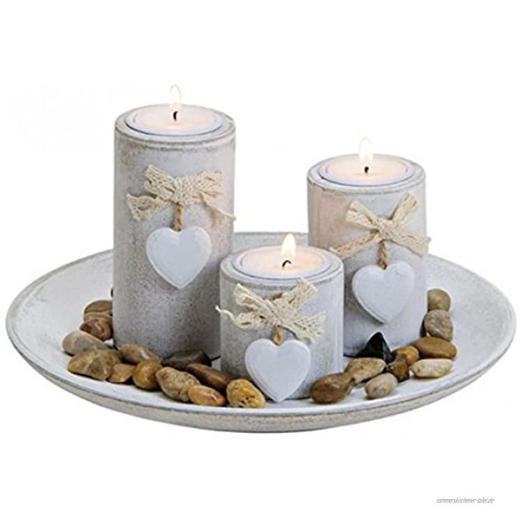 meindekoartikel Schönes Deko-Set mit 3 Teelichthalter dekoriert mit Herzen auf Teller und Dekosteine Ø24h12cm