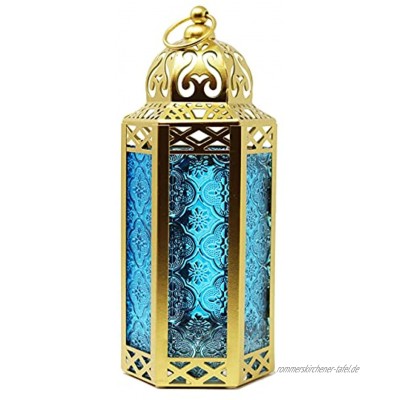 Vela Lanterns Goldfarbene Laterne im marokkanischen Stil mittelgroß blaues Glas