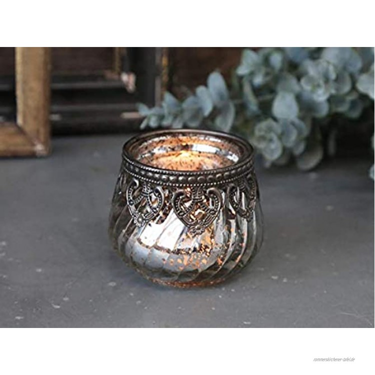 Chic Antique Teelichthalter Windlicht Kerzenglas Glas Bauernsilber Deko Landhaus Nostalgie Shabby French