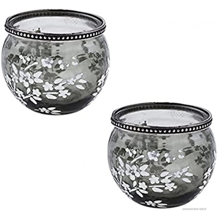 MAIKAI 2er Set Windlicht Blumen Grau Weiß Ca. H 8,5 x D 10,5 cm Kerzenhalter Glas Flaorales Mustere Teelichthalter Glas Metall Stimmungslicht Deko