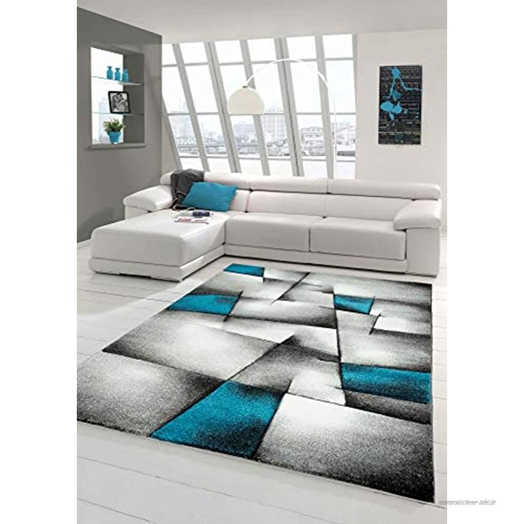 Designer Teppich Moderner Teppich Wohnzimmer Teppich Kurzflor Teppich mit Konturenschnitt Karo Muster Türkis Grau Weiß Schwarz Größe 120x170 cm