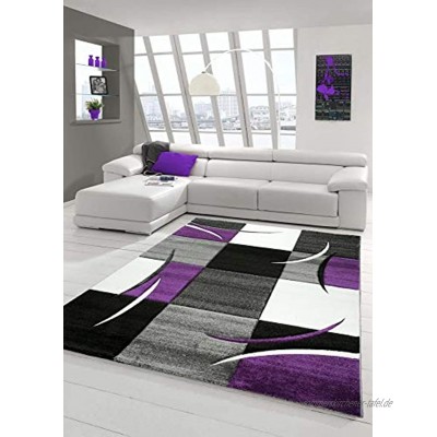 Designer Teppich Moderner Teppich Wohnzimmer Teppich Kurzflor Teppich mit Konturenschnitt Karo Muster Lila Grau Creme Schwarz Größe 120x170 cm
