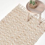 Homescapes Teppich Sierra handgewebt aus 100% Hanf 160 x 230 cm Flickenteppich mit geometrischem Rautenmuster und Fransen Creme Natur