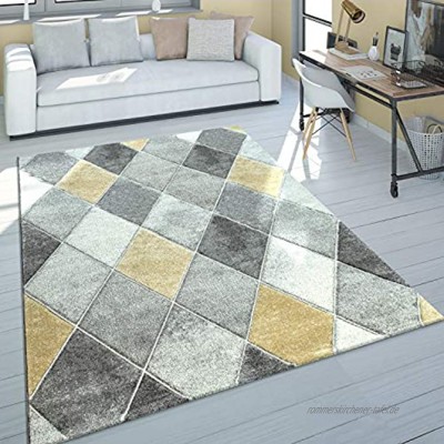 Paco Home Teppich Wohnzimmer Kurzflor Skandinavischer Stil Rauten Grau Gelb Modern Grösse:160x230 cm