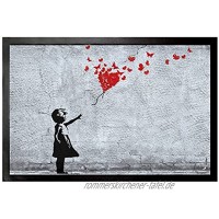 1art1 Mädchen mit Luftballon und Schmetterlingen | Fußmatte für Innen-Bereich und Außen-Bereich | Banksy-Style | Design Fußmatte 40 x 60 cm
