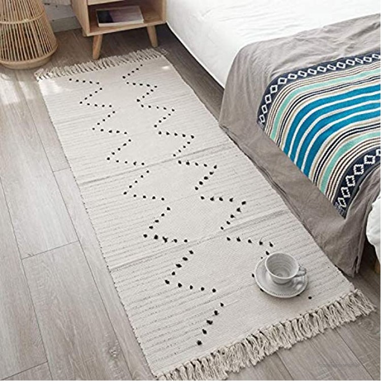 hi-home Teppich für Wohnzimmer Boho Baumwolle Gewebte Teppiche Waschbar Badteppich Läufer mit Quasten für Schlafzimmer Eingangstür Küche Badezimmer 90x150cmBeige