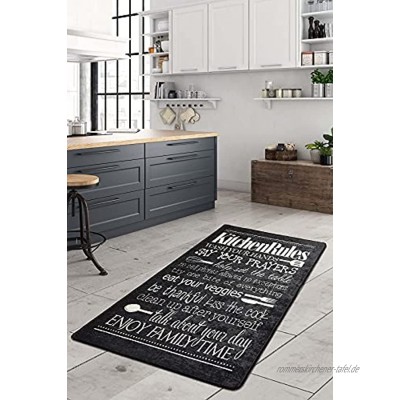Küchenteppich rutschfeste Bodenmatte Gel Komfort Läufer Teppich Set für Küche Runner Schriftzug schwarz gedruckt waschbar schwarz 80 x 150 cm