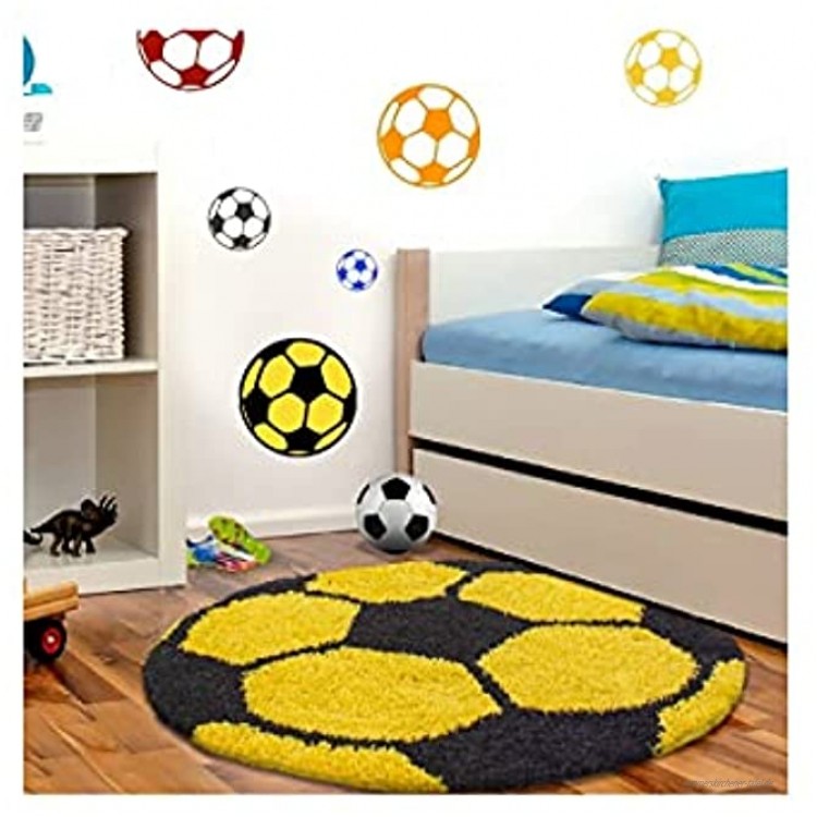 Kinderteppich für Kinderzimmer Fussball Form Hochflor Teppich Gelb-Schwarz 120x120 cm Rund