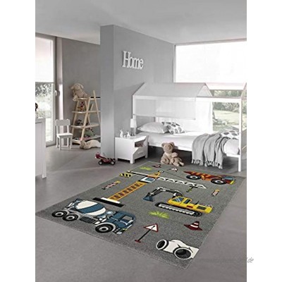 Kinderteppich Spielteppich Baustelle Teppich mit Bagger in grau Größe 80x150 cm