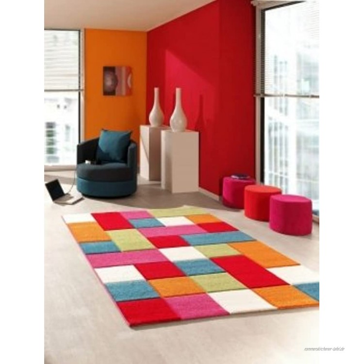 Kinderteppich Spielteppich Kinderzimmer Teppich Karo Muster Multicolour Rot Türkis Orange Creme Grün Pink Größe 80x150 cm