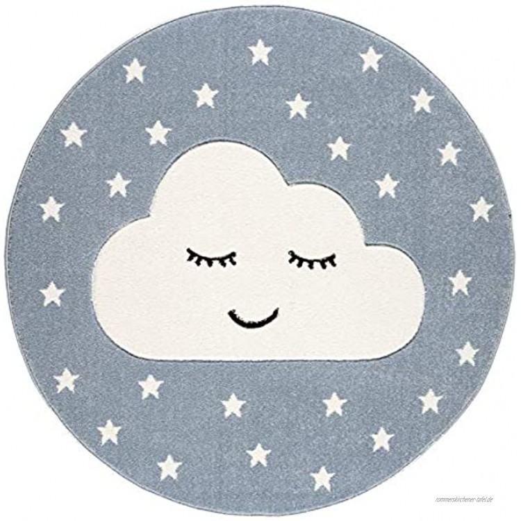 Livone Kinderzimmer Baby Teppich Kinderteppich Wolke Sterne blau Weiss 133 cm rund