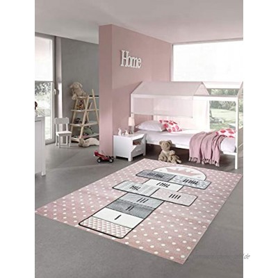 Merinos Kinderteppich Hüpfspiel Teppich Hüpfkästchen in Rosa Grau Creme Größe 140x200 cm
