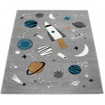 Paco Home Kinder-Teppich Spiel-Teppich Für Kinderzimmer Weltall Rakete Planeten Grau Grösse:80x150 cm