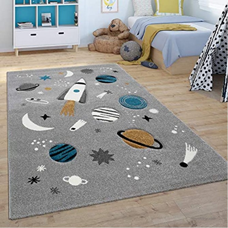 Paco Home Kinder-Teppich Spiel-Teppich Für Kinderzimmer Weltall Rakete Planeten Grau Grösse:80x150 cm
