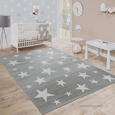 Paco Home Moderner Kurzflor Kinderteppich Sternendesign Kinderzimmer Star Muster Grau Weiß Grösse:160x220 cm