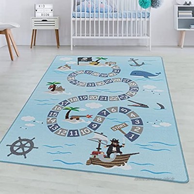 SIMPEX Spielteppich Kurzflor Teppich Kinderteppich Kinderzimmer Seefahrt Piraten Blau Farbe:Blau Grösse:140x200 cm