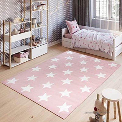TAPISO Pinky Teppich Kurzflor Kinderteppich Kinderzimmer Rosa Weiß Pastellfarben Modern Geometrisch Stern Spielteppich ÖKOTEX 120 x 170 cm