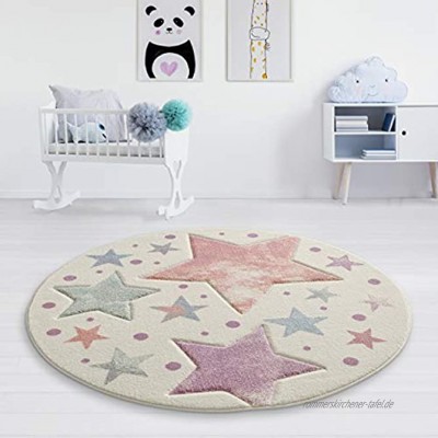 Taracarpet Kinderzimmer und Jugendzimmer Teppich Dreamland Kinderzimmerteppich Sterne Creme Vintage bunt 120 cm rund