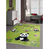Traum Kinderteppich Spielteppich Kinderzimmerteppich Panda mit Eulen Schmetterlinge und Vögeln in Grün Größe 80x150 cm
