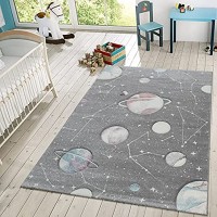 TT Home Kinder-Teppich Spiel-Teppich Mit Planeten Und Sternen Für Kinderzimmer In Grau Größe:80x150 cm
