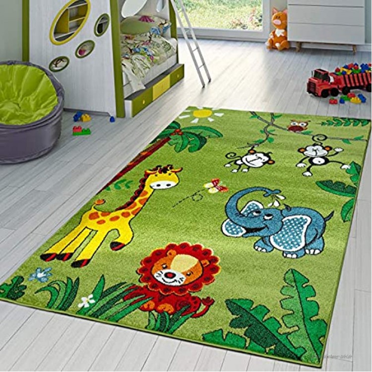TT Home Moderner Kinderzimmer Teppich Zoo Tiere Elefant Giraffe Löwe AFFE Eule In Grün Größe:120x170 cm