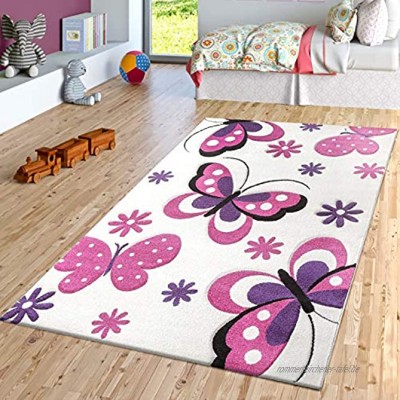 TT Home Schmetterling Teppich Creme Fuchsia Lila Kinderzimmer Teppiche Butterfly Design Größe:120x170 cm