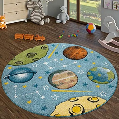 TT Home Spielteppich Kinderzimmer Teppich Rund Kurzflor Pastell Planeten Weltall Blau Größe:Ø 200 cm Rund