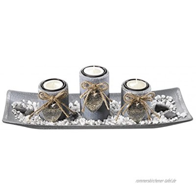 Kobolo Dekoschale mit 3 Kerzenhaltern grau inkl. Steindekoration