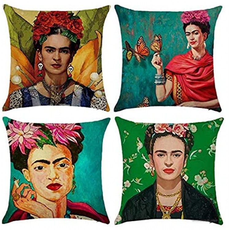 Geeignet für Frida Kahlo mexikanischen Stil Selbstporträt Kissenbezug 4 Stück Baumwolle Leinen Kissenbezug Kissenbezug Familienauto Dekoration 45 cm x 45 cm Frau Selbstporträt Sofakissen Matratze