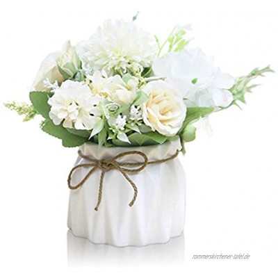 Keleily Hortensien Kunstblumen mit Keramikvase Künstliche Blumen im Topf Rosen Seidenblumen Blumenstrauß Künstlich mit Vase für Hochzeit Büro Tisch Fenster Wohnzimmer Schlafzimmer Party Weiß