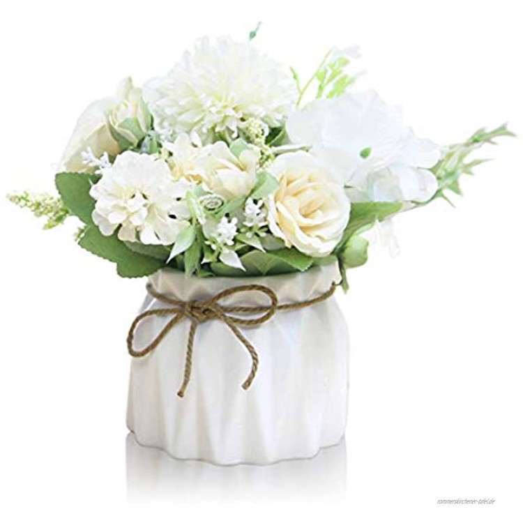 Keleily Hortensien Kunstblumen mit Keramikvase Künstliche Blumen im Topf Rosen Seidenblumen Blumenstrauß Künstlich mit Vase für Hochzeit Büro Tisch Fenster Wohnzimmer Schlafzimmer Party Weiß
