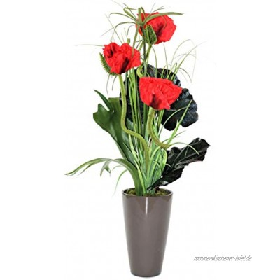 Liatris Floristik Mohn Pflanze mit roten Blüten hochwertiges Kunstblumen-Gesteck im stilvollen Keramik-Topf in grau Seidenblume wie echt Moderne Dekoration 70 cm groß