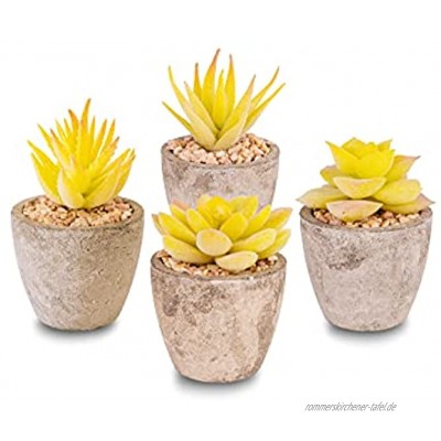 BonDecor Künstliche Sukkulenten Pflanzen – 4er Set Kunstpflanze mit Töpfen und Steinen als Deko für Küche Büro Badezimmer Schlafzimmer Wohnzimmer in Gelb