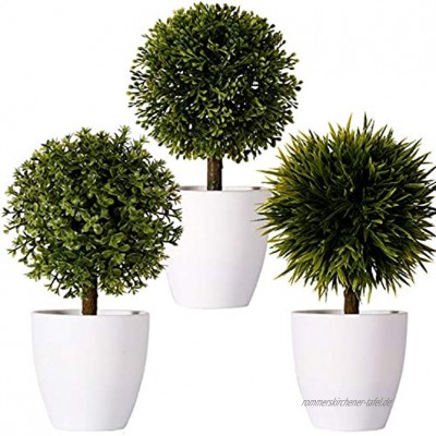 FagusHome 20cm Hoch Künstliche Pflanzen im Topf 3 Stücke künstlichen Buchsbaum Topiary Baum kleinen Kunstpflanzen in weißen Plastiktopf B