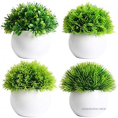 FEILANDUO Set mit 4 Mini-Kunstpflanzen getopft künstliche Bonsai-Kugelpflanzen künstliches grünes Gras in weißen Kunststofftöpfen für den Innen- und Außenbereich Schreibtisch-Dekor 4
