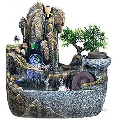 Zimmerbrunnen mit Pflanzen Tischbrunnen Steingarten Wasserspiel LED Beleuchtung Wasserfall mit Rückfluss Weihrauch und Zerstäuber für Büro Wohnzimmer Feng Shui Meditation Dekoration,29×16×30cm