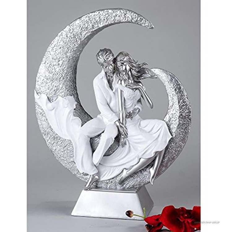 Moderne und exklusive Skulptur Liebespaar auf dem Mond aus Keramik weiß silber Höhe 40 cm